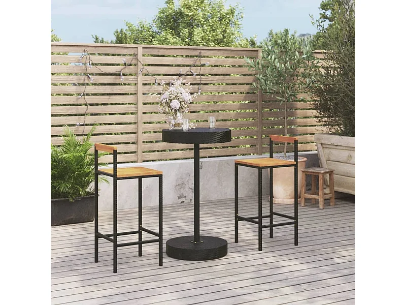 Meuble de bar de jardin 3 pcs noir poly rotin/bois massif acacia FR65794