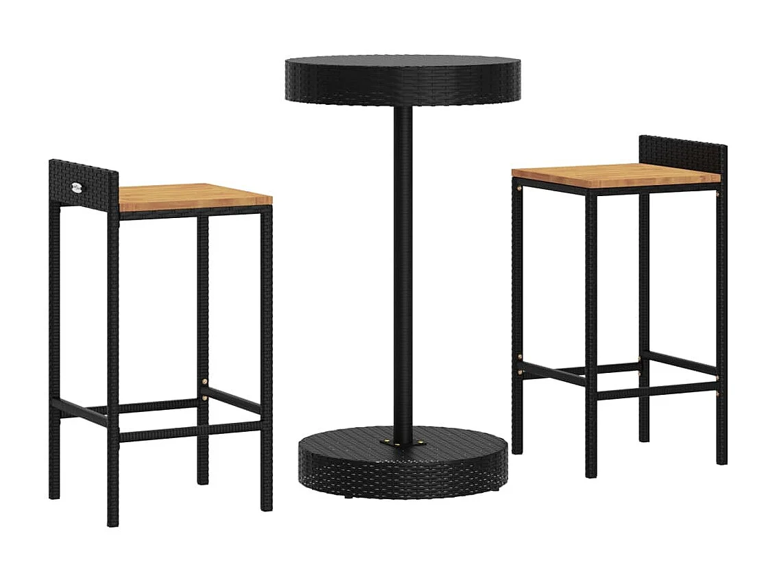 Meuble de bar de jardin 3 pcs noir poly rotin/bois massif acacia FR14025