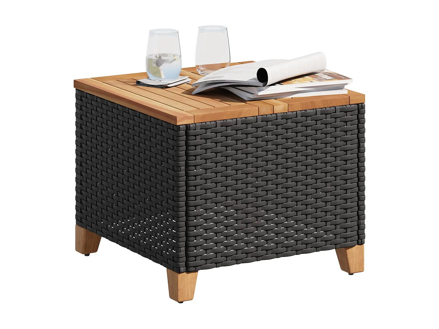 Table de jardin noir 45x45x37 cm résine tressée et bois acacia FR782299