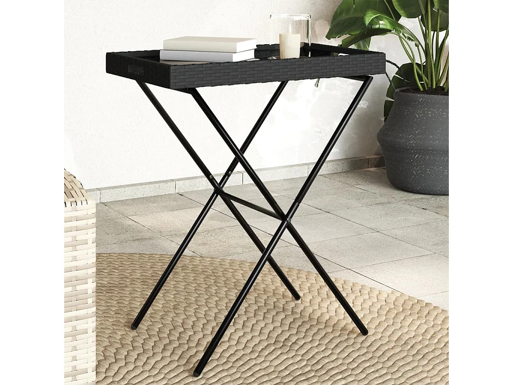 Table à plateau pliable noir 65x40x75 cm résine tressée FR575917