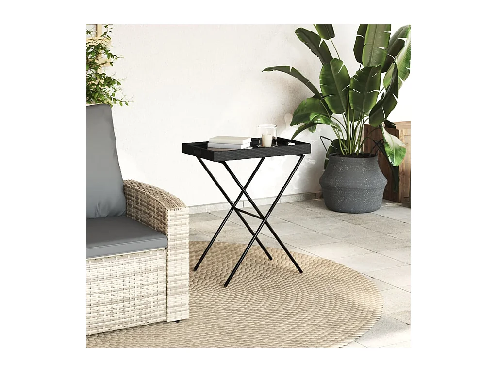 Table à plateau pliable noir 65x40x75 cm résine tressée FR575917