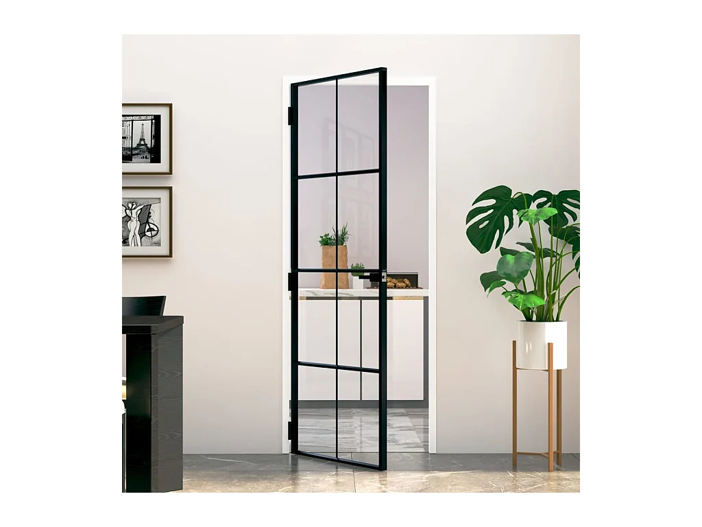 Binnendeur 76x201,5 cm gehard glas en aluminium smal zwart BE830761