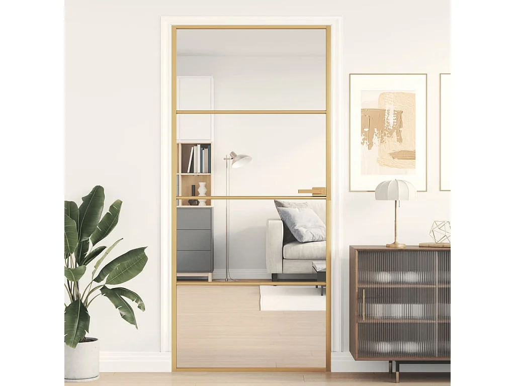 Porta interior 93x201,5 cm vidro temperado e alumínio dourado PT802168