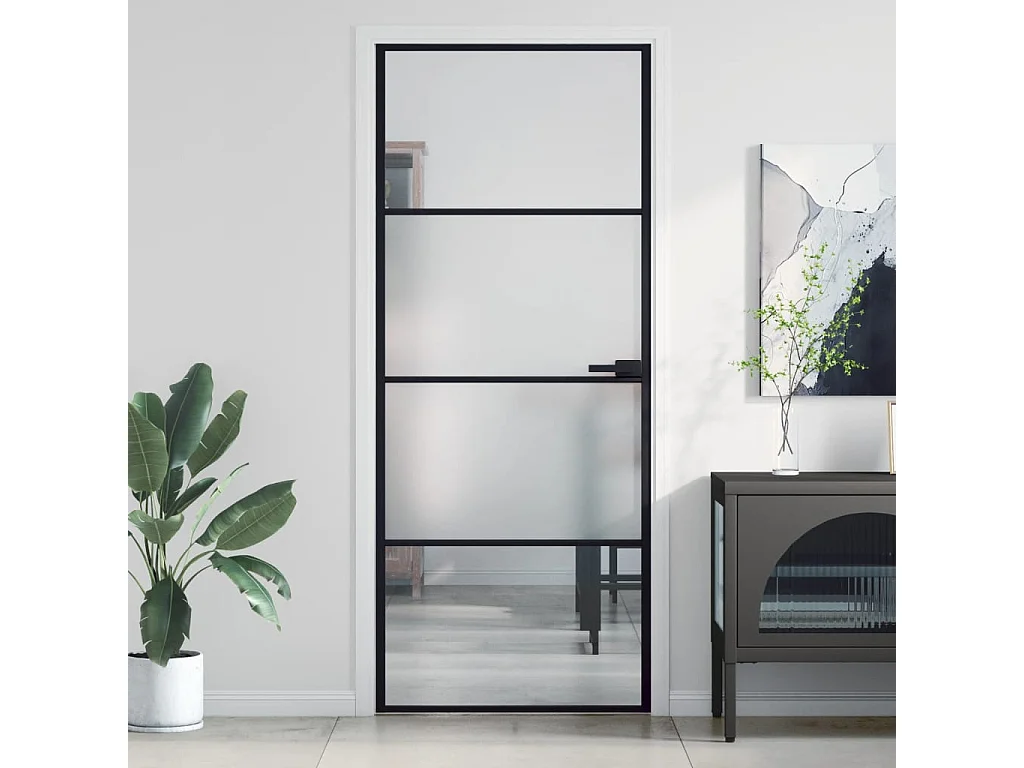 Puerta interior delgada negra vidrio y aluminio 83x201,5 cm ES668463