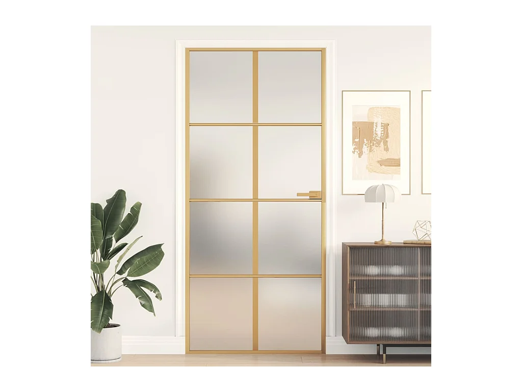 Binnendeur smal 93x201,5 cm gehard glas en aluminium goudkleur BE104032