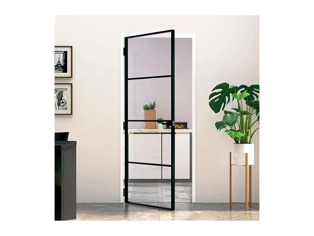 Porte d'intérieur Noir 83x201,5 cm Trempé verre aluminium fin FR841226