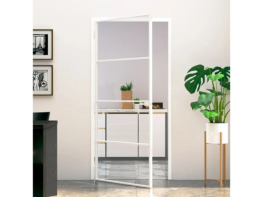 Porta interior 93x201,5 cm vidro temperado/alumínio fino branco PT673271