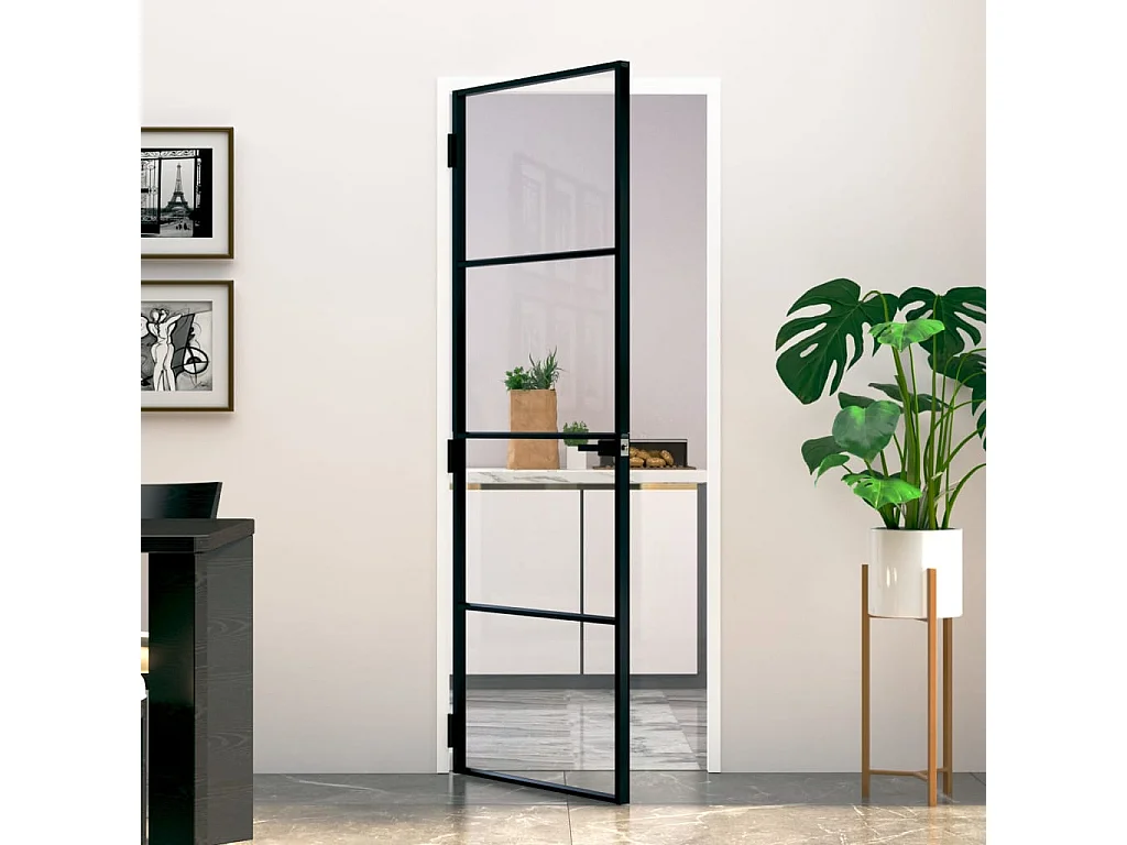 Porte d'intérieur Noir 76x201,5 cm Trempé verre aluminium fin FR223420