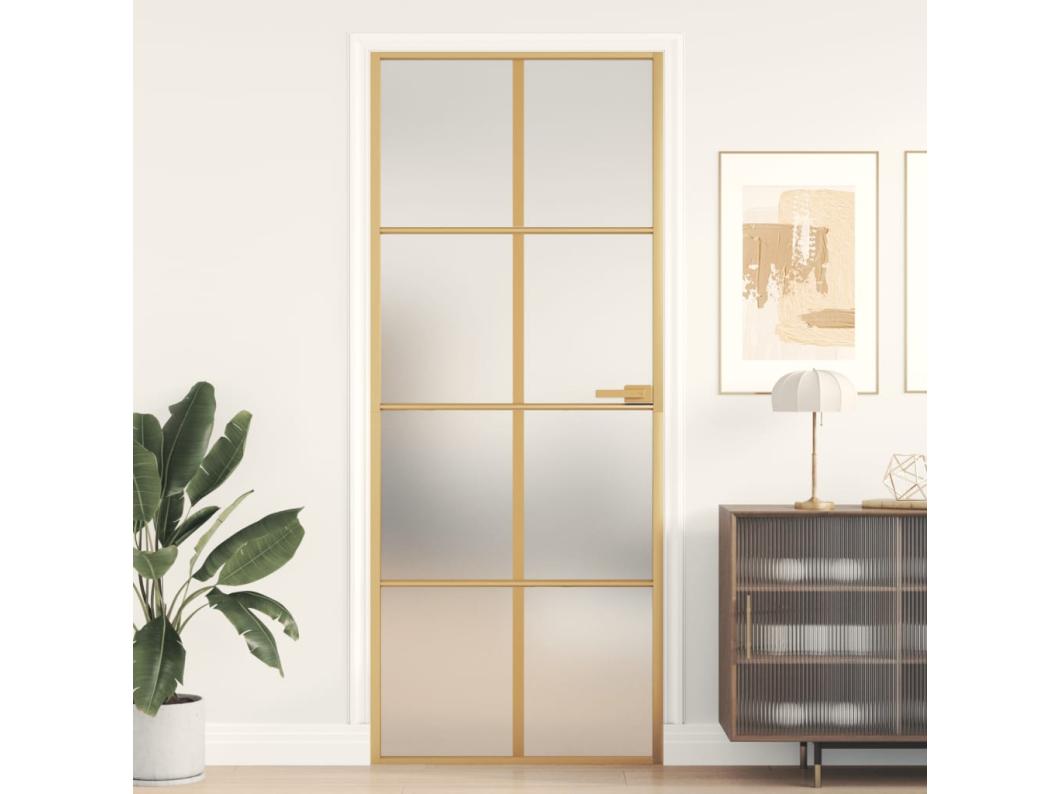 Binnendeur smal 83x201,5 cm gehard glas en aluminium goudkleur BE731833