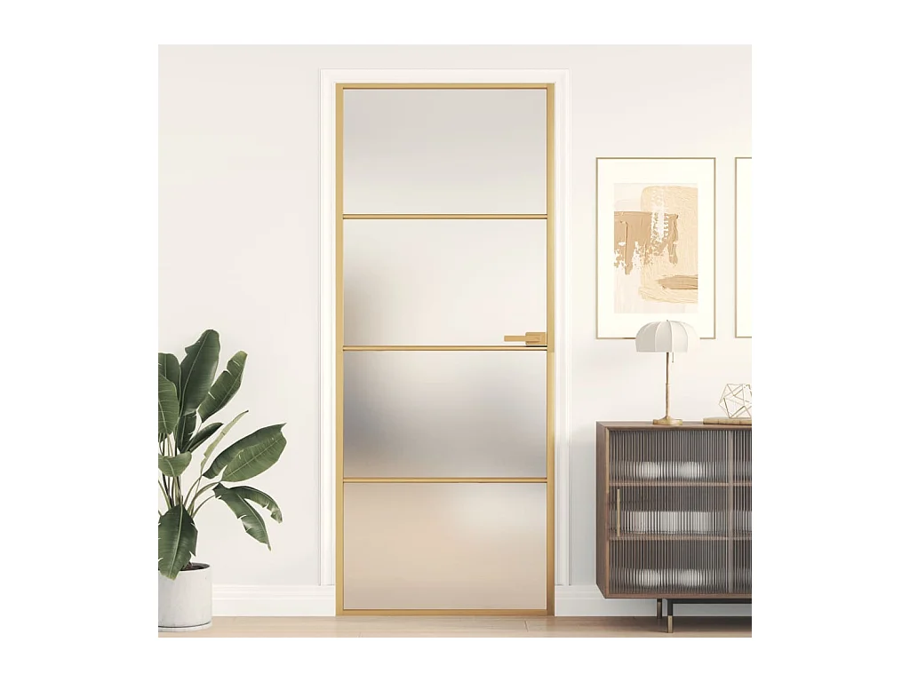 Binnendeur smal 83x201,5 cm gehard glas en aluminium goudkleur BE221299