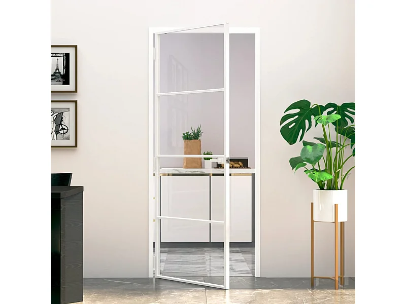 Binnendeur 83x201,5 cm gehard glas en aluminium smal wit BE251920