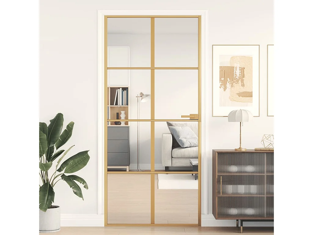 Binnendeur smal 93x201,5 cm gehard glas en aluminium goudkleur BE368926