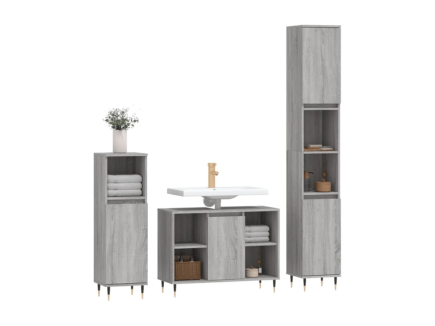 3 pcs Conjunto móveis casa de banho madeira proc. cinza sonoma PT504517