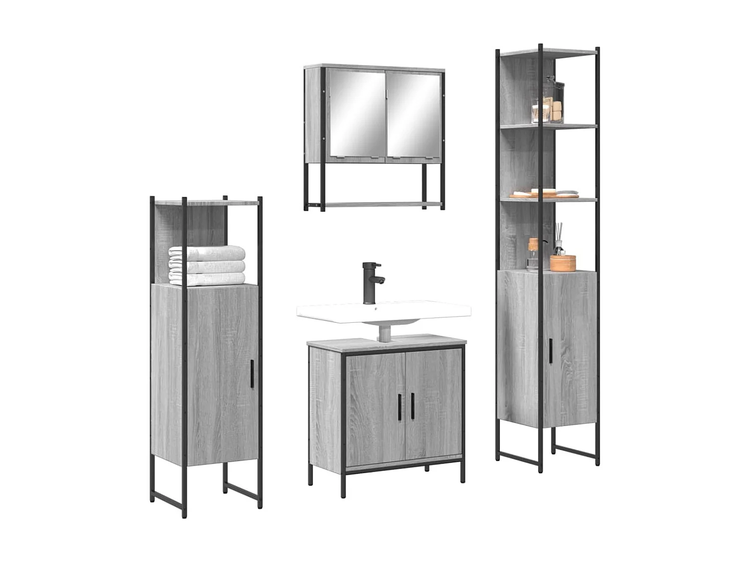 4 pcs Conjunto móveis casa de banho madeira proc. cinza sonoma PT983874