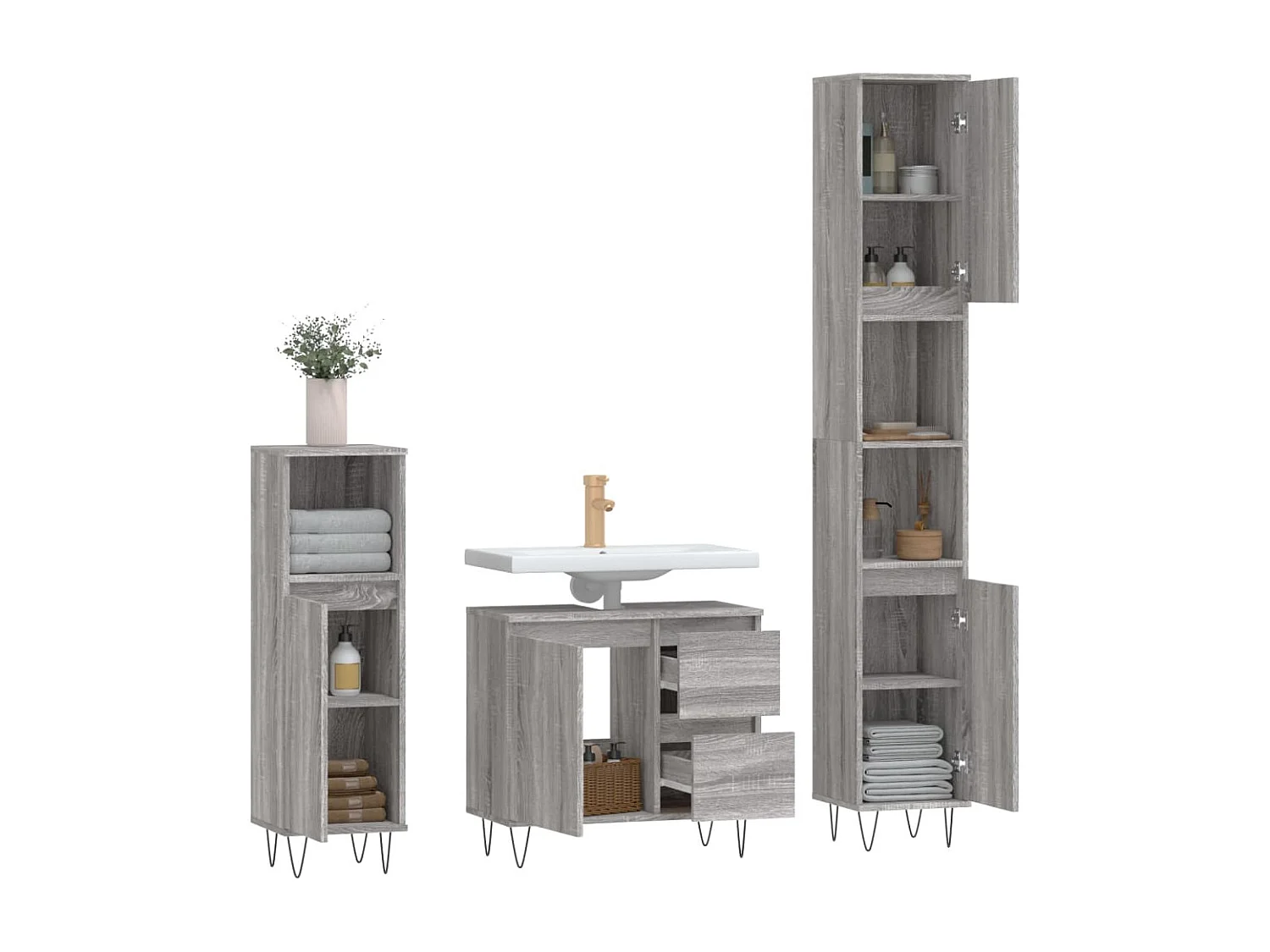 3 pcs Conjunto móveis casa de banho madeira proc. cinza sonoma PT871443