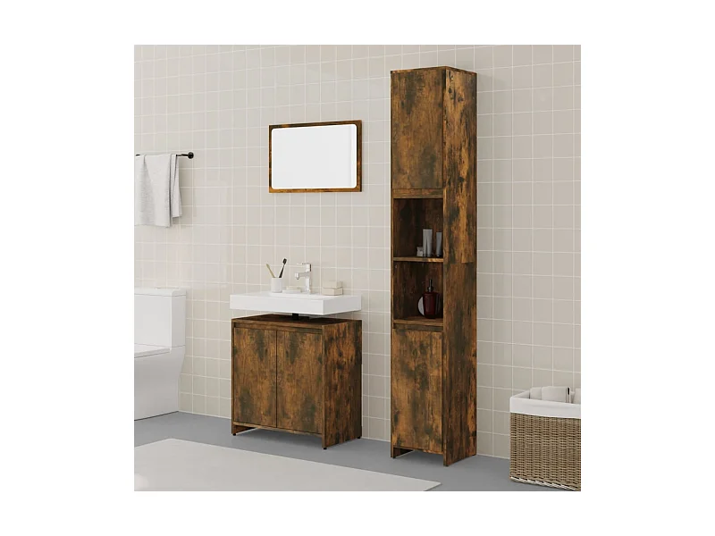 3 pcs conjunto de móveis WC madeira processada carvalho fumado PT299958