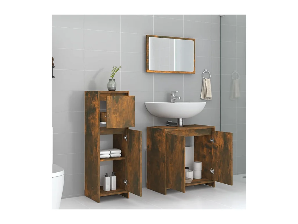 3 pcs conjunto de móveis WC madeira processada carvalho fumado PT611654
