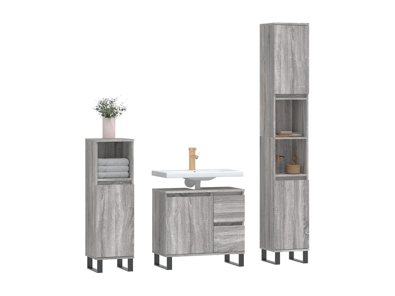 3 pcs Conjunto móveis casa de banho madeira proc. cinza sonoma PT481828