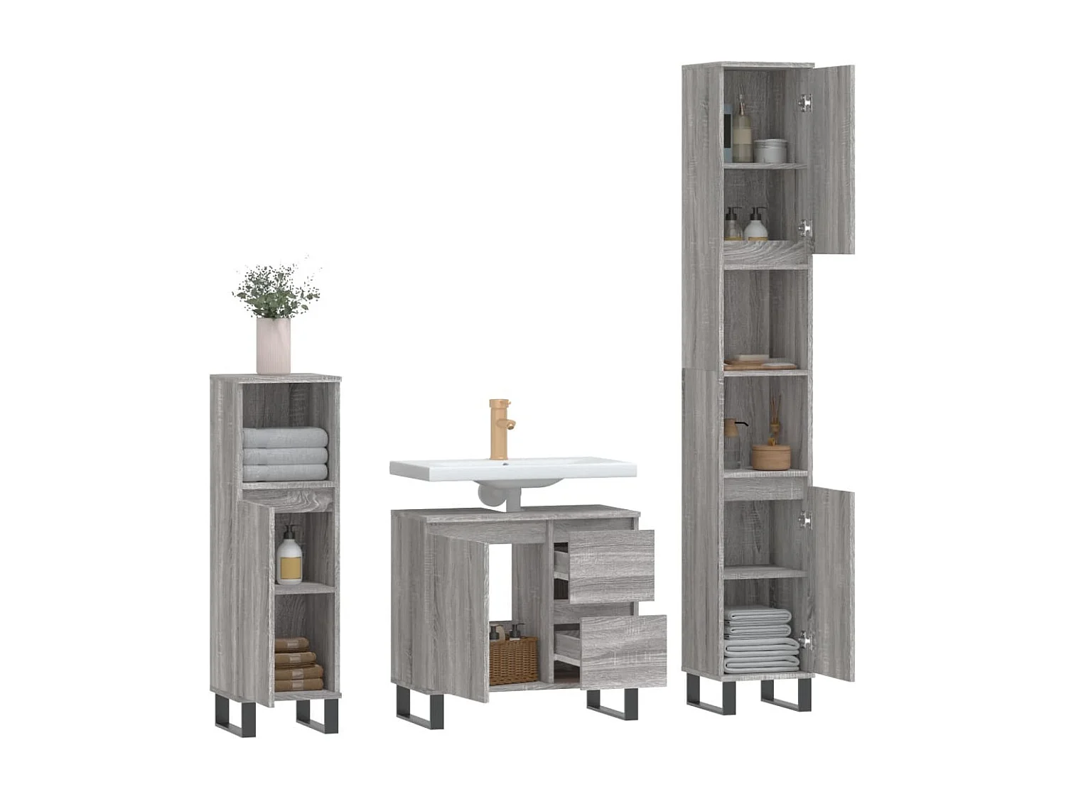 3 pcs Conjunto móveis casa de banho madeira proc. cinza sonoma PT481828