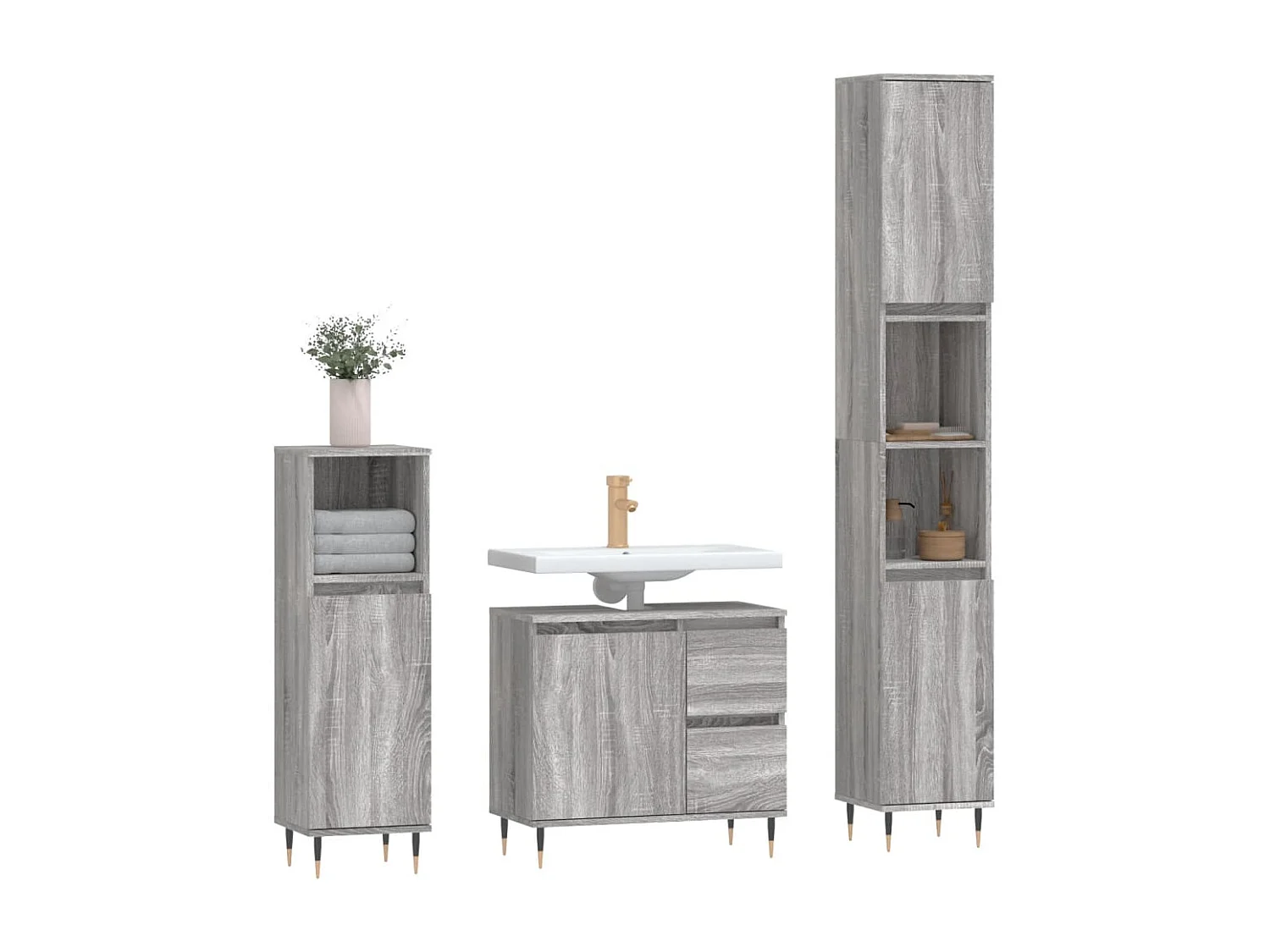 3 pcs Conjunto móveis casa de banho madeira proc. cinza sonoma PT464425