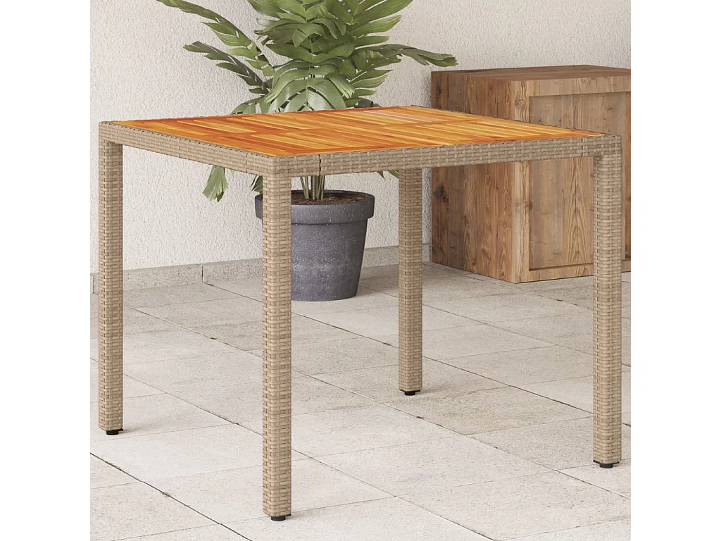 Table de jardin beige 90x90x75 cm résine tressée et bois acacia FR808582