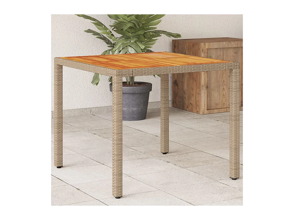 Table de jardin beige 90x90x75 cm résine tressée et bois acacia FR808582