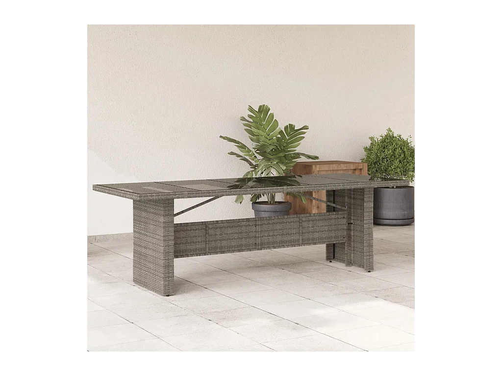 Mesa de jardim com tampo de vidro 240x90x75 cm vime PE cinzento PT917723