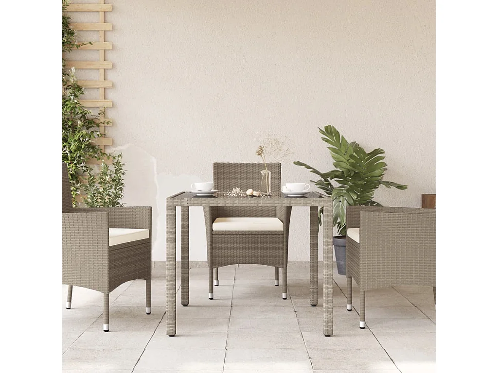 Mesa de jardín superficie vidrio ratán PE gris claro 90x90x75cm ES141016