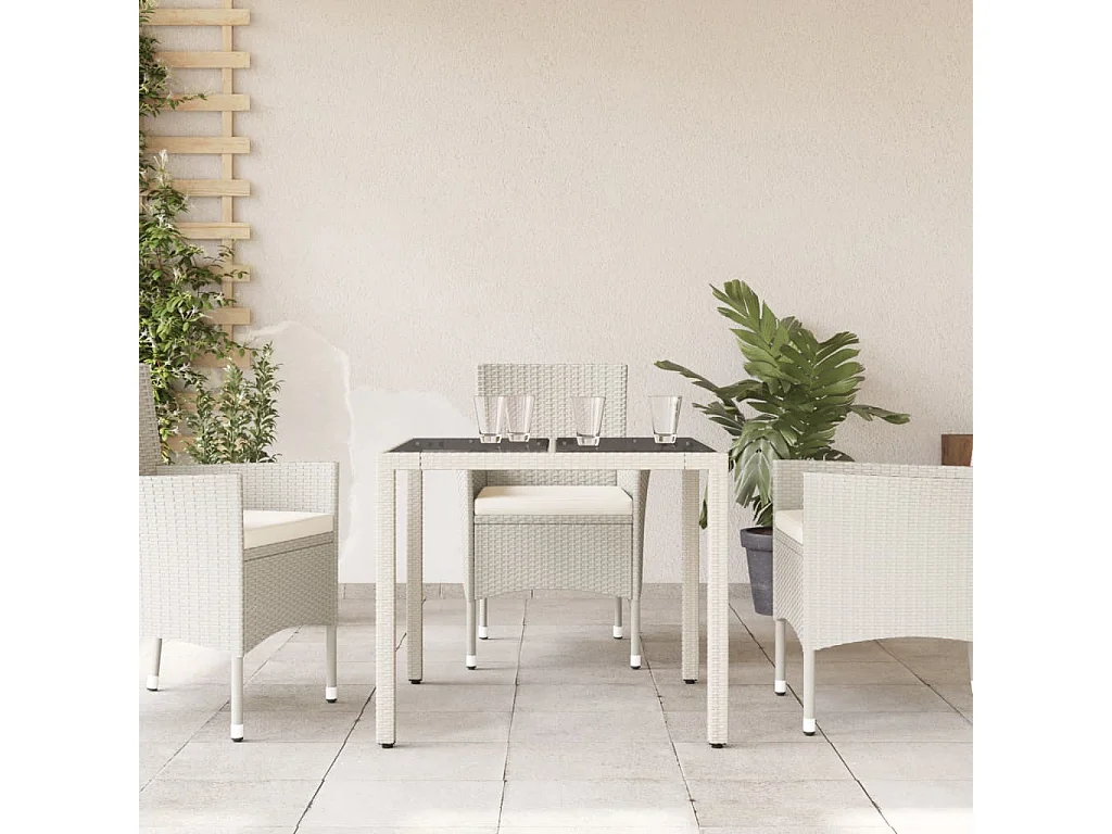 Table de jardin dessus en verre blanc 90x90x75cm résine tressée FR687172