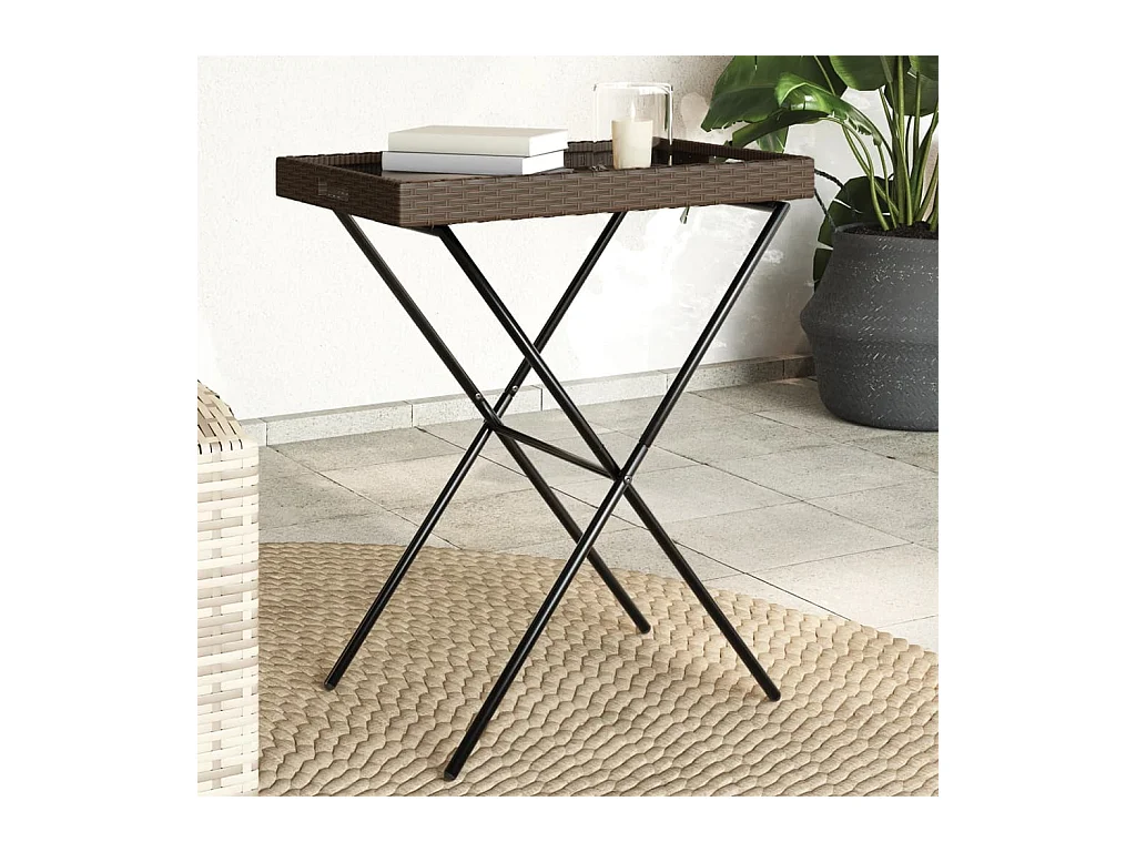 Table à plateau pliable marron 65x40x75 cm résine tressée FR973362