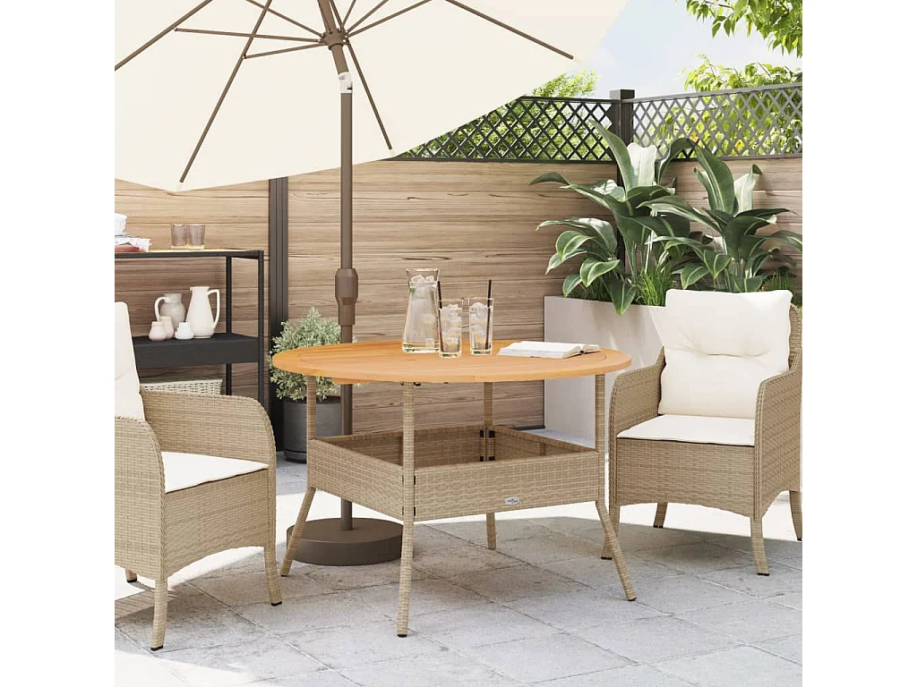 Mesa de jardín superficie de madera ratán PE beige Ø110x71 cm ES521321