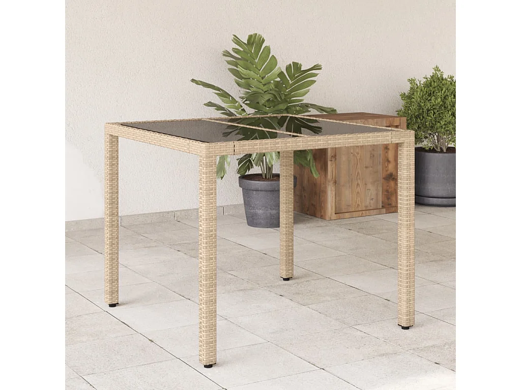 Table de jardin dessus en verre beige 90x90x75cm résine tressée FR940762