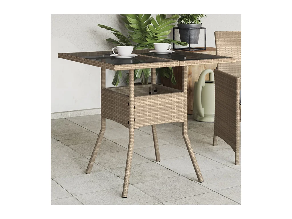 Table de jardin dessus en verre beige 80x80x75cm résine tressée FR598038