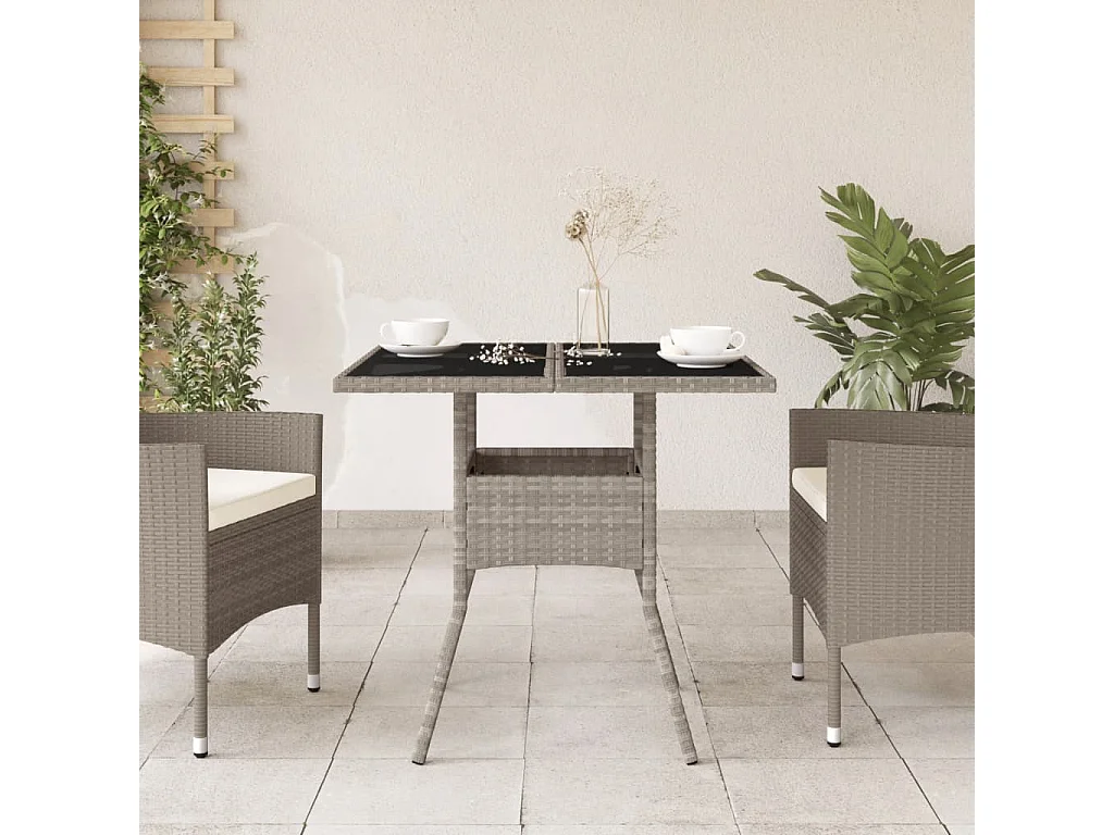 Tuintafel met glazen blad 80x80x75 cm poly rattan lichtgrijs BE752739