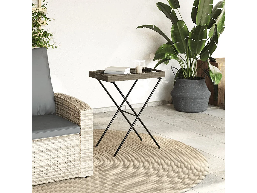Table à plateau pliable gris 65x40x75 cm résine tressée FR726910