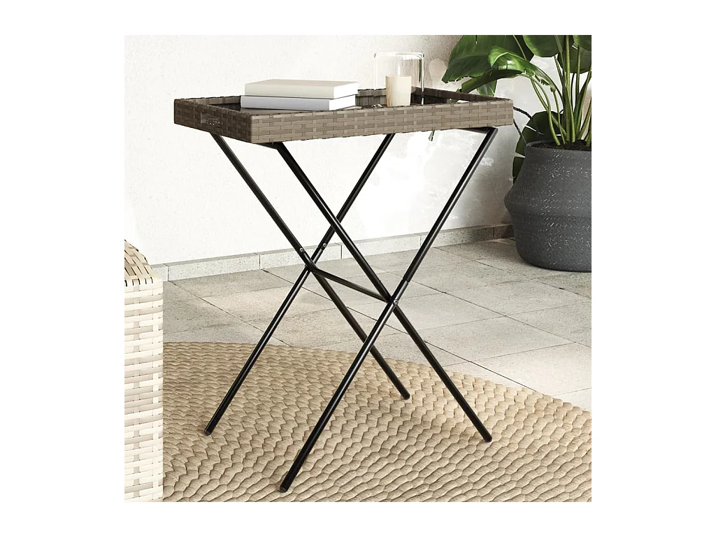 Table à plateau pliable gris 65x40x75 cm résine tressée FR726910
