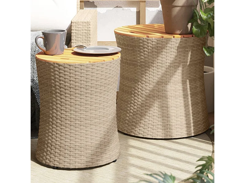 Tuinbijzettafels 2 st met houten blad poly rattan beige BE914287