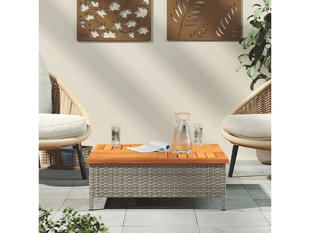 Table de jardin gris 70x70x25 cm résine tressée et bois acacia FR934600