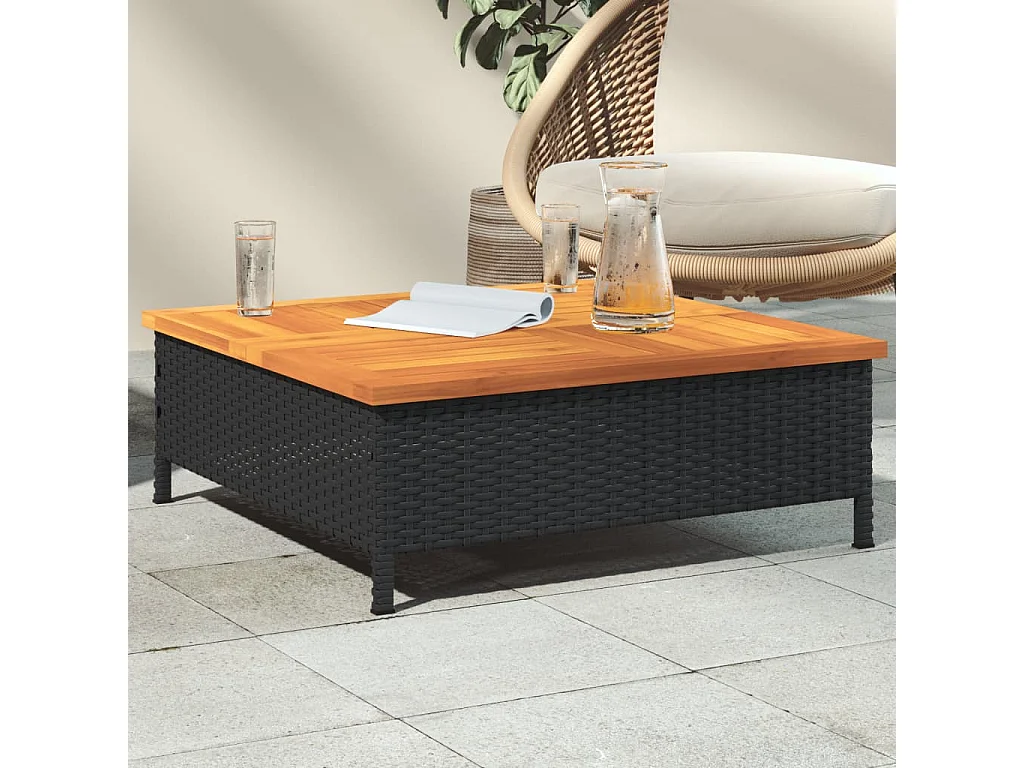 Mesa de jardim 70x70x25 cm vime e madeira de acácia preto PT120326