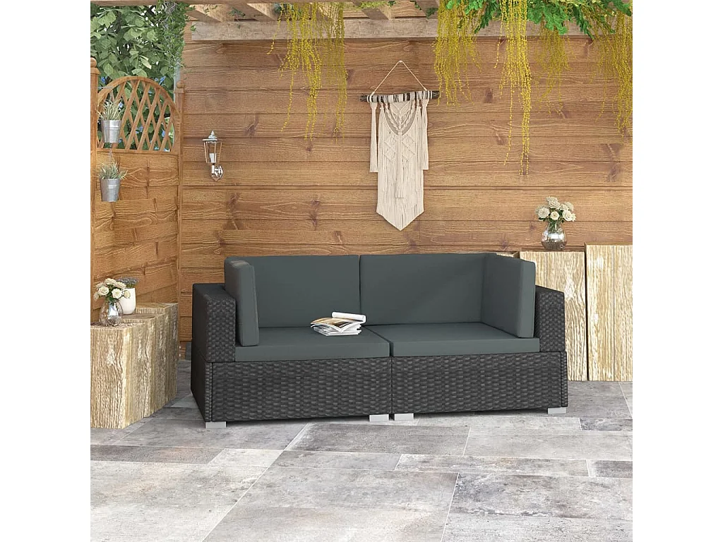 Cadeiras de canto seccionais 2 pcs c/ almofadões vime PE preto PT907231