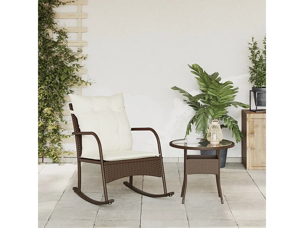Chaise à bascule de jardin avec coussins marron résine tressée FR742861