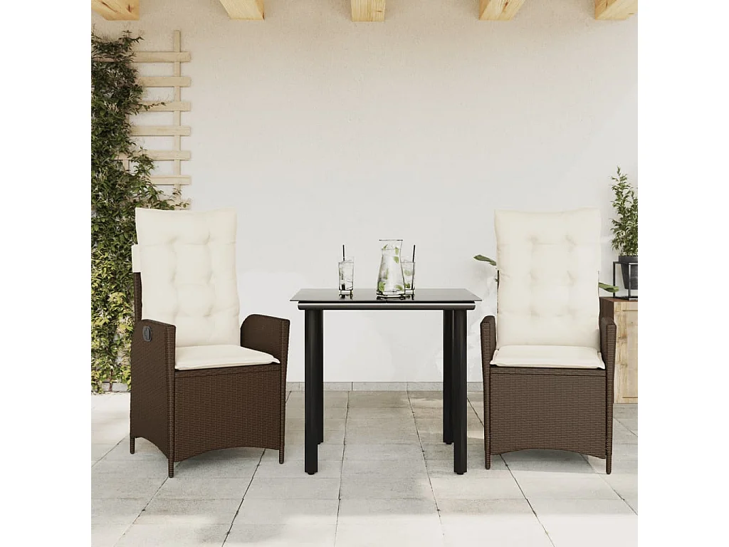 Ensemble à manger de jardin 3 pcs et coussins marron poly rotin FR10576