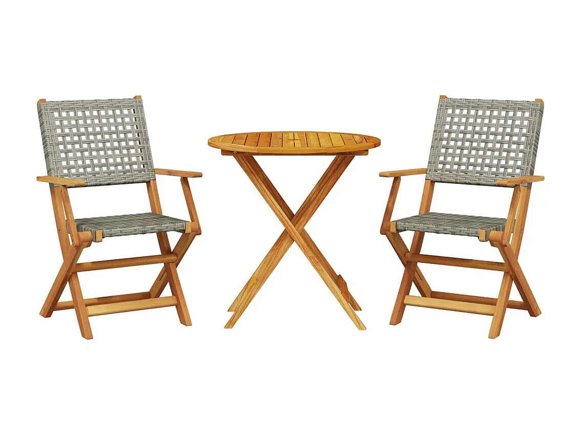 3 pcs conjunto de bistrô vime PE e madeira maciça cinzento PT200466