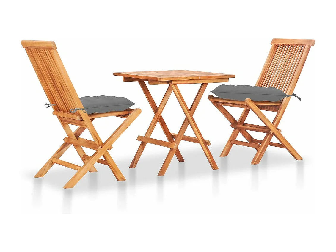 Ensemble de bistro 3 pcs avec coussins gris Bois de teck massif FR18378