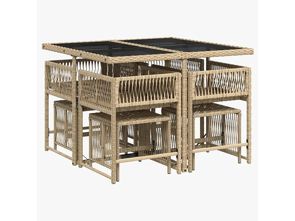 9 pcs conjunto de jantar p/ jardim com almofadões vime PE bege PT851491