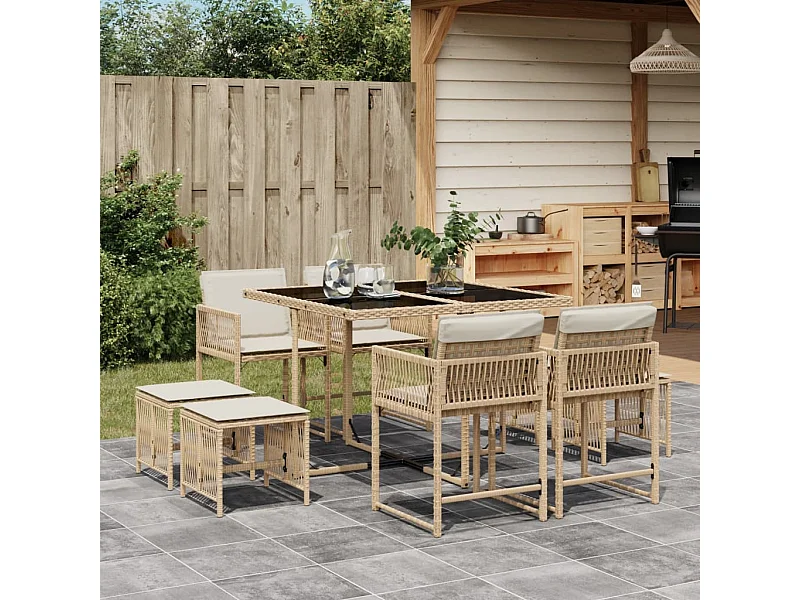 9 pcs conjunto de jantar p/ jardim com almofadões vime PE bege PT851491