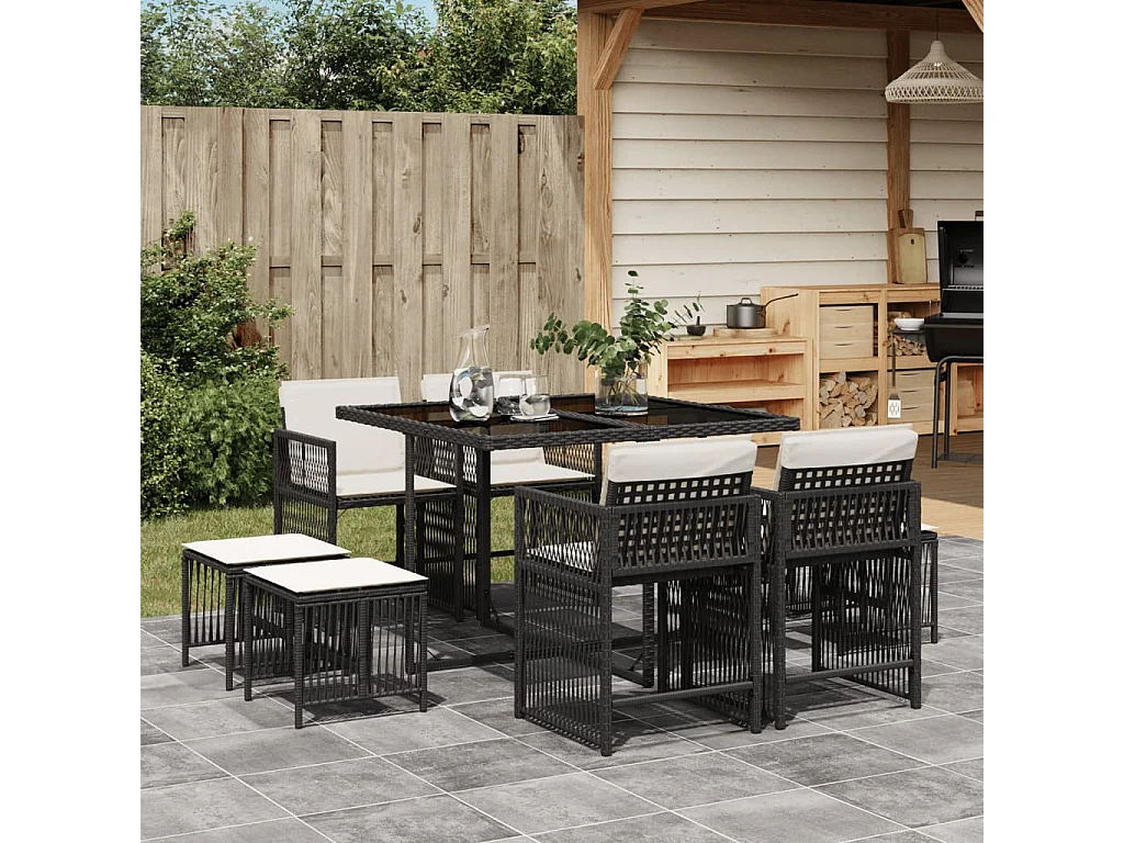 Set de comedor de jardín 9 pzas y cojines ratán sintético negro ES382794