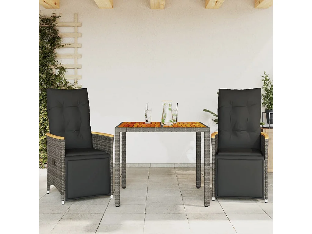 3 pcs conjunto bistrô de jardim c/ almofadões vime PE cinza PT194956