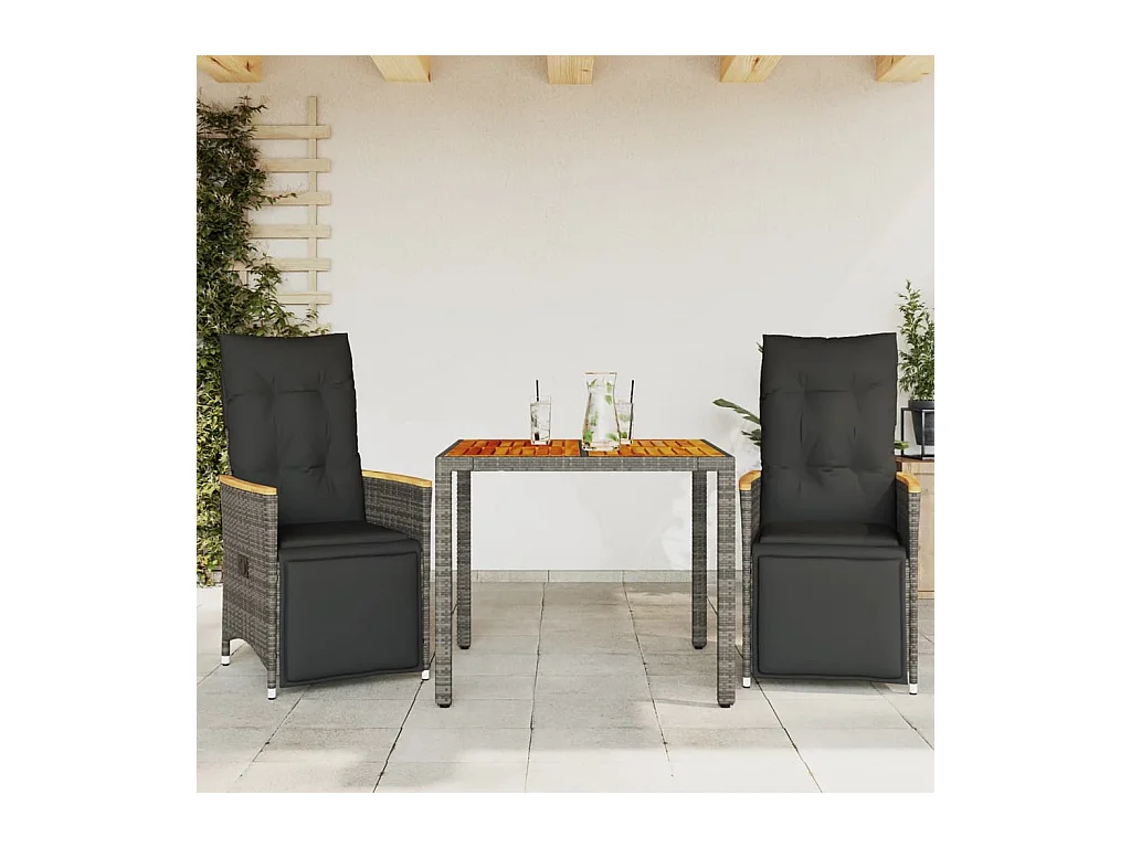 3 pcs conjunto bistrô de jardim c/ almofadões vime PE cinza PT194956