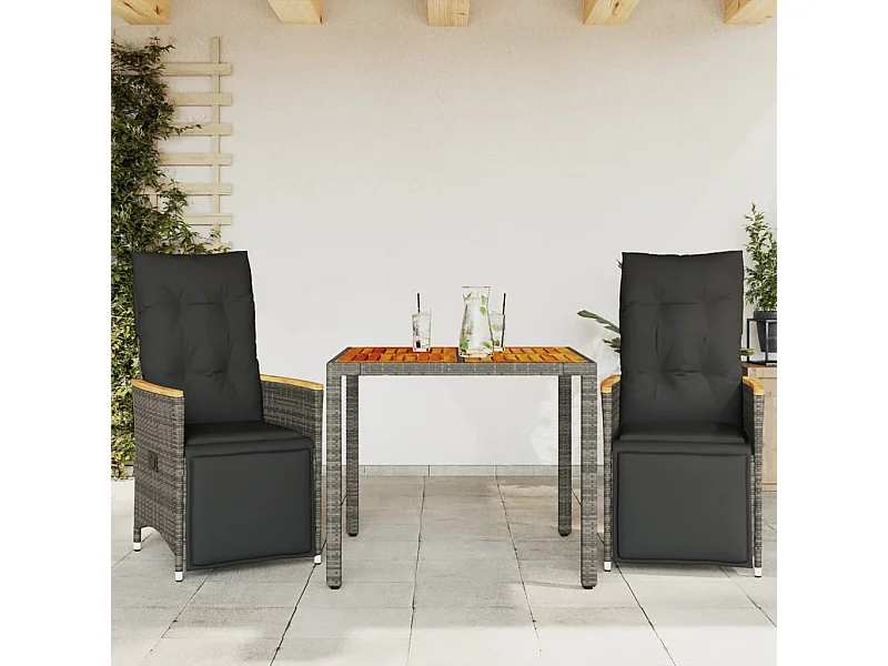 3 pcs conjunto bistrô de jardim c/ almofadões vime PE cinza PT194956